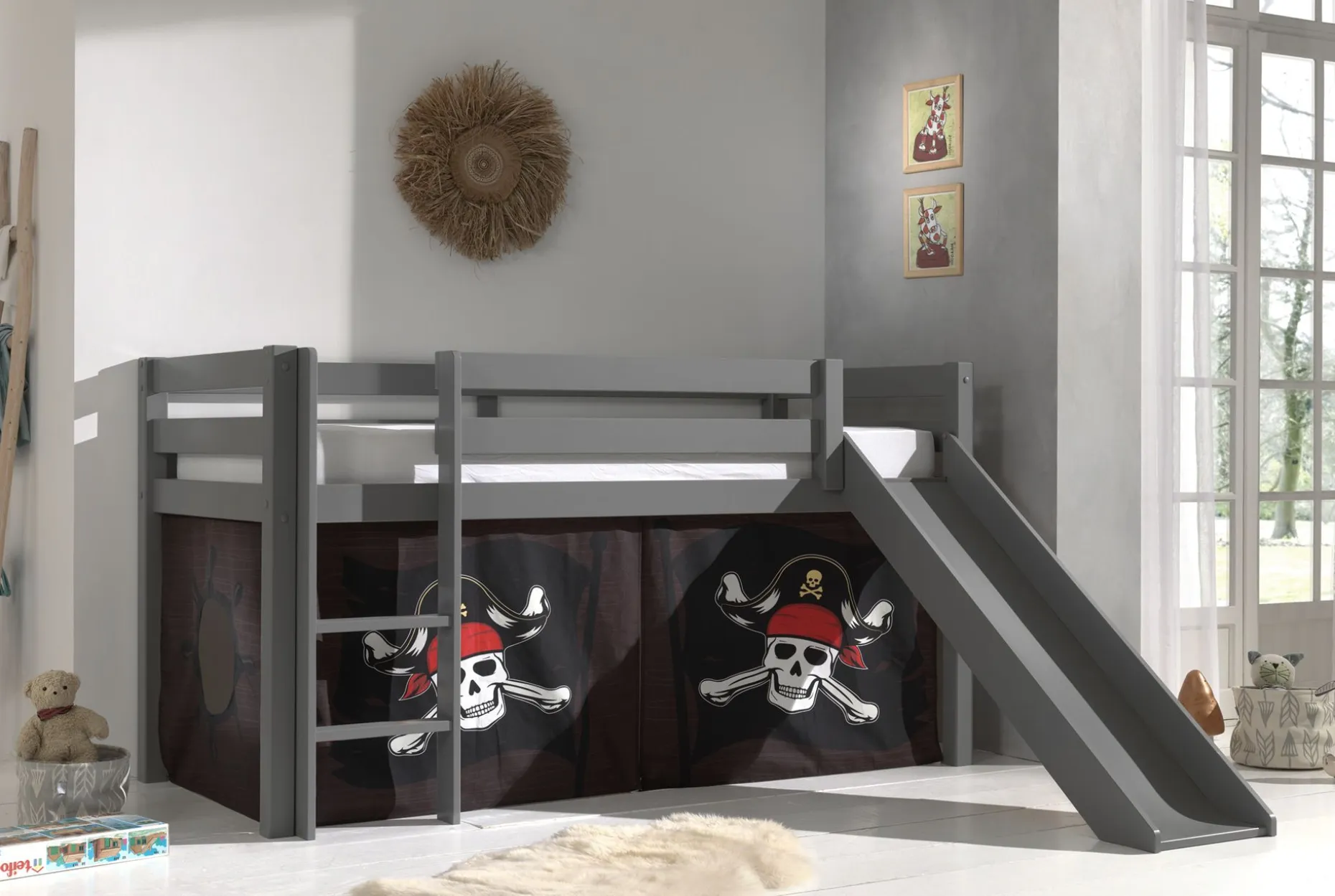 Halbhochbett mit Rutsche Astrid mit Schlafzelt Caribbean Pirates - grau