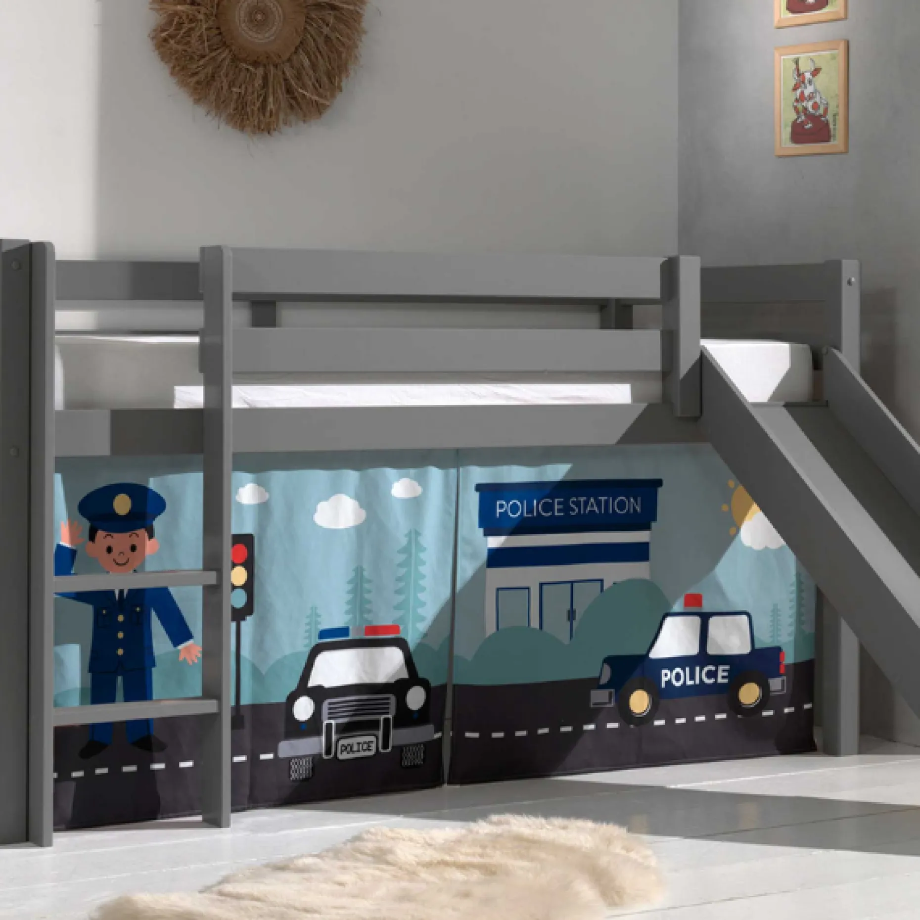 Halbhochbett mit Rutsche Astrid mit Schlafzelt Police - grau