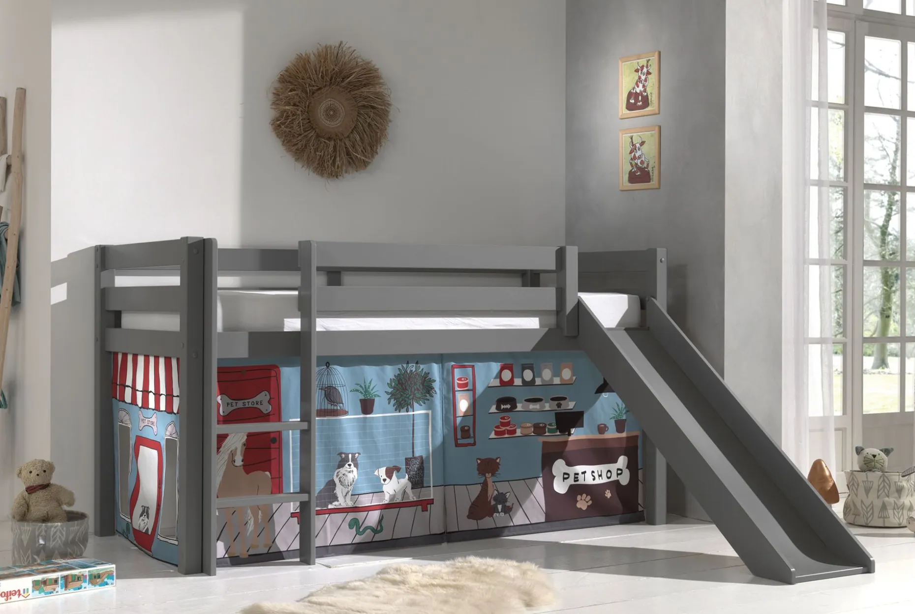 Halbhochbett mit Rutsche Astrid mit Schlafzelt Pet Shop - grau