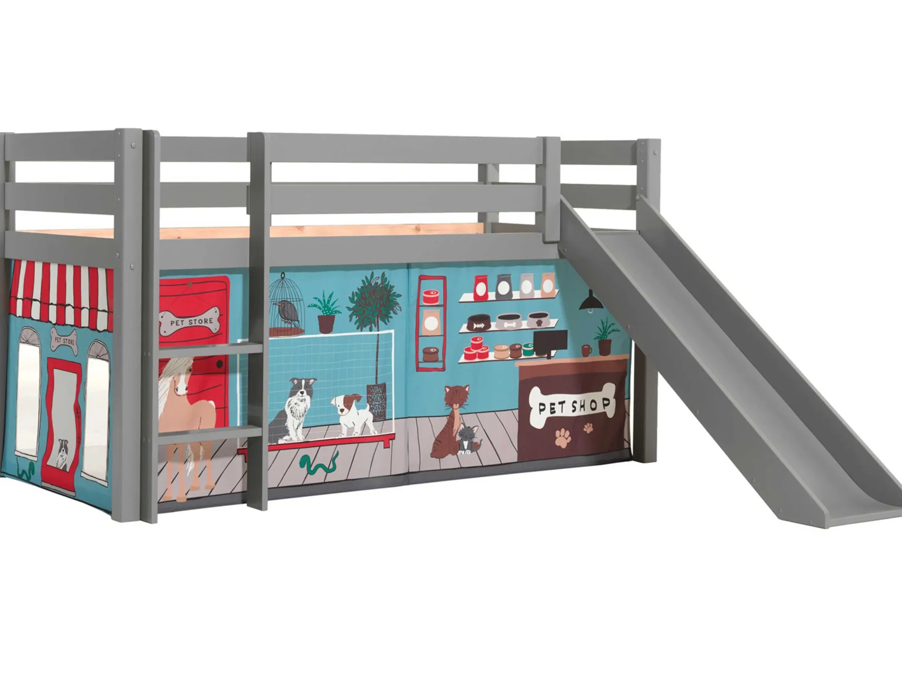 Halbhochbett mit Rutsche Astrid mit Schlafzelt Pet Shop - grau