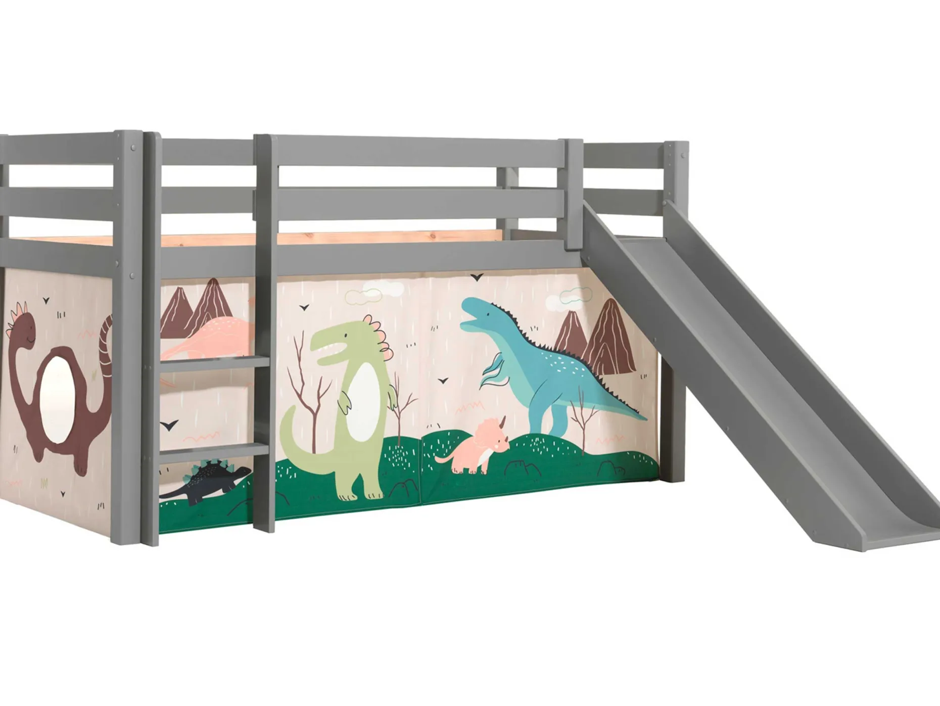 Halbhochbett mit Rutsche Astrid mit Schlafzelt Dino - grau