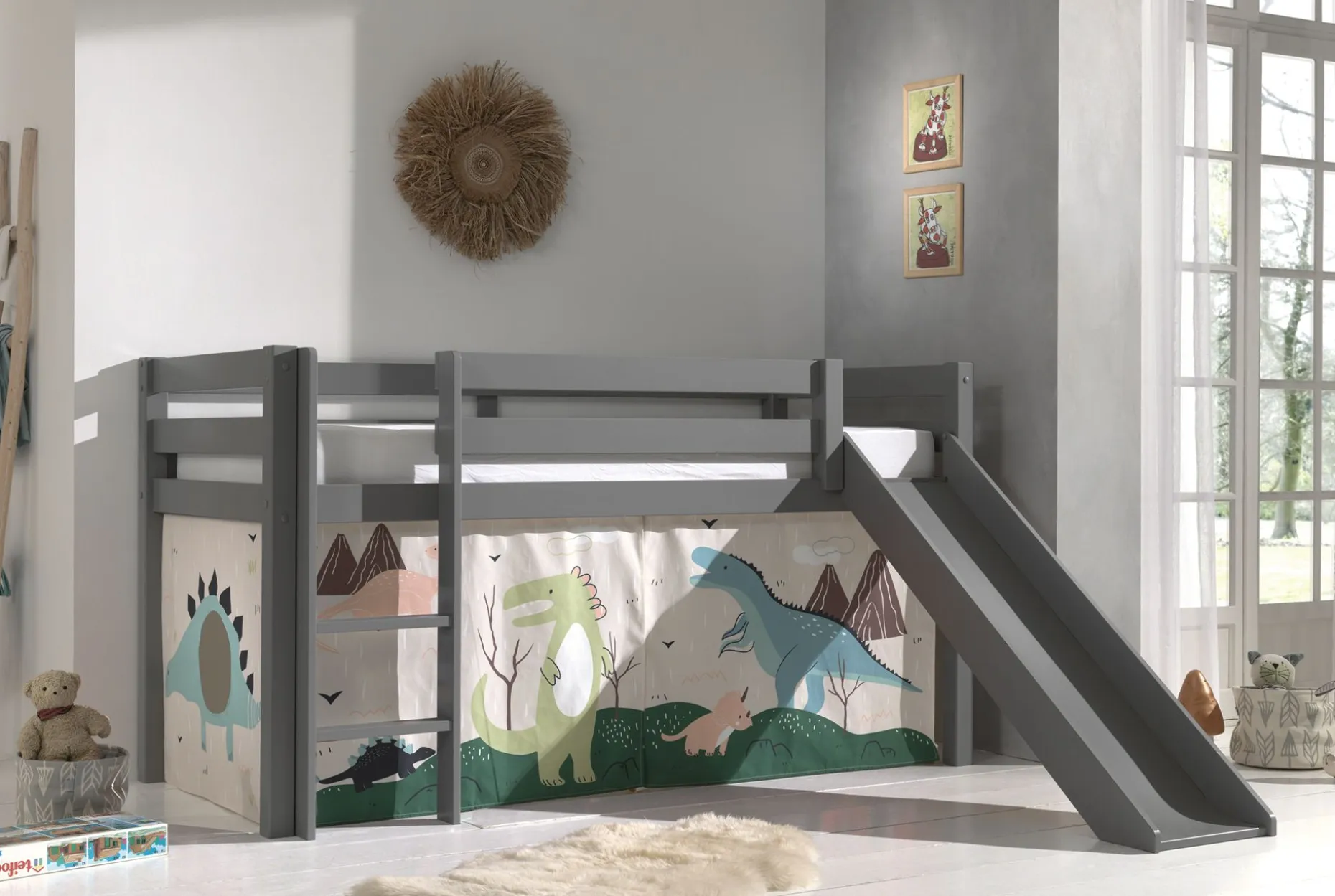 Halbhochbett mit Rutsche Astrid mit Schlafzelt Dino - grau