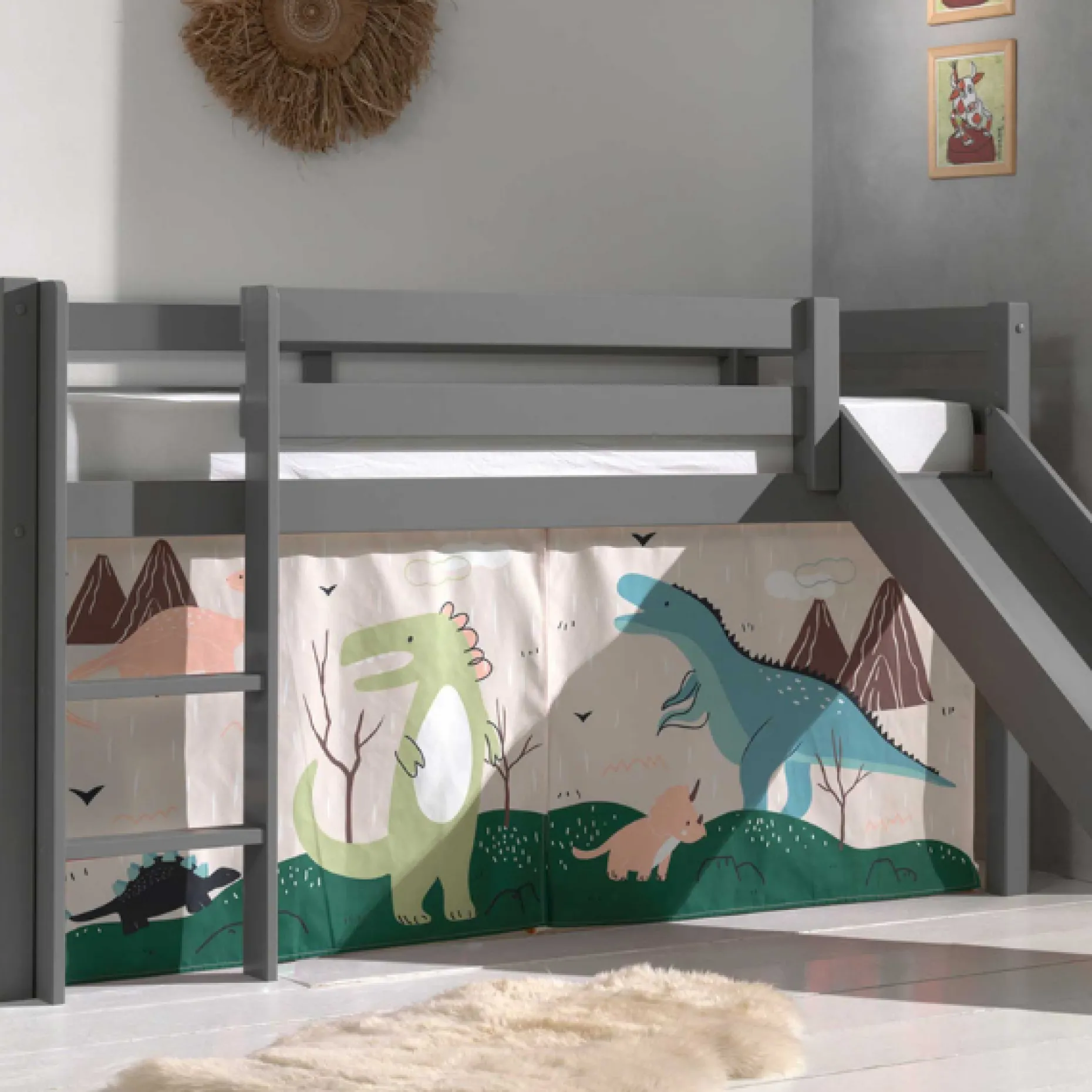 Halbhochbett mit Rutsche Astrid mit Schlafzelt Dino - grau