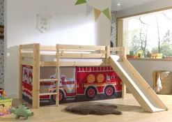 Halbhochbett mit Rutsche Astrid mit Schlafzelt Feuerwehrfahrzeug - Kieferholz