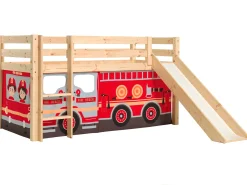 Halbhochbett mit Rutsche Astrid mit Schlafzelt Feuerwehrfahrzeug - Kieferholz