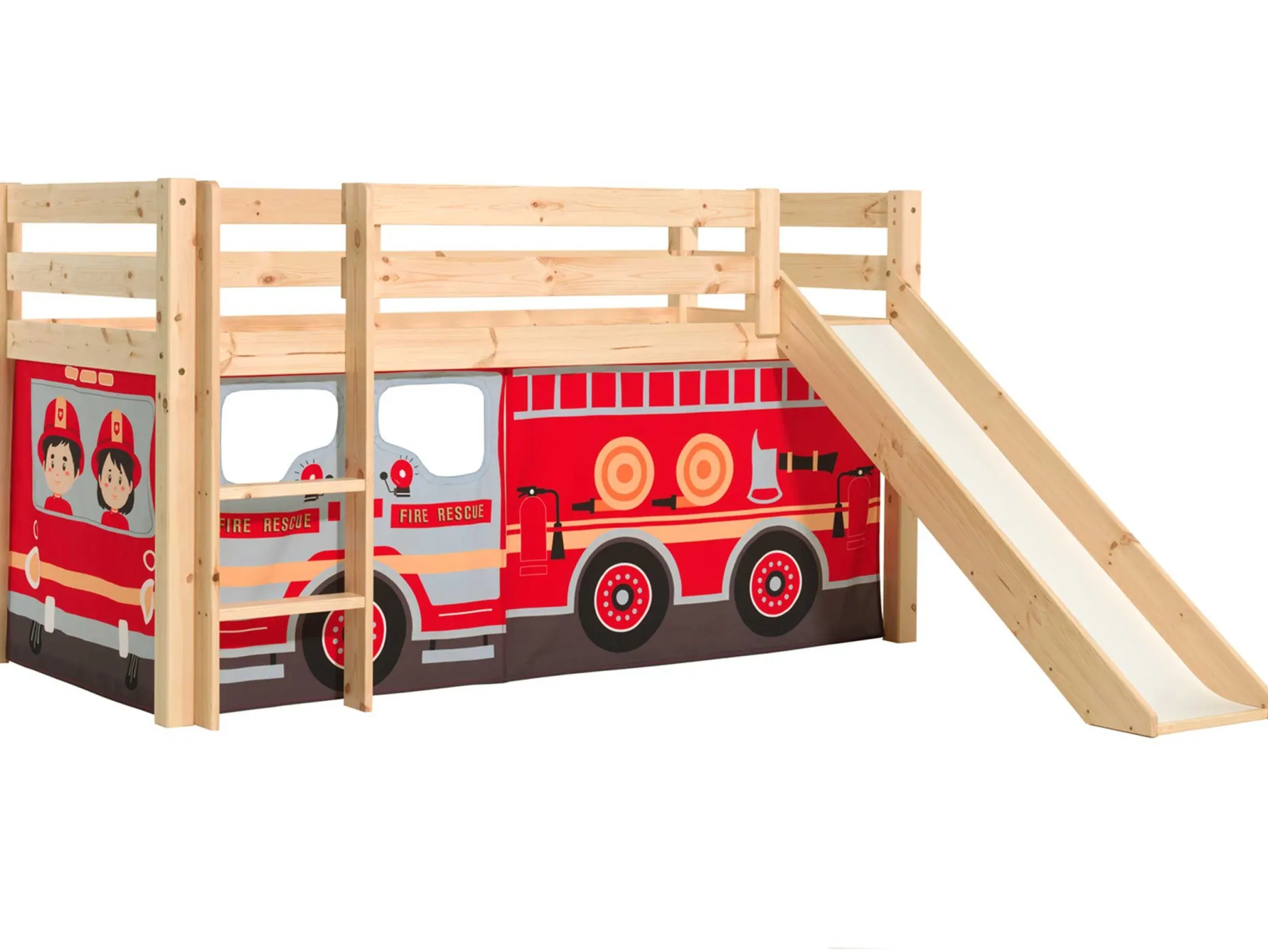 Halbhochbett mit Rutsche Astrid mit Schlafzelt Feuerwehrfahrzeug - Kieferholz