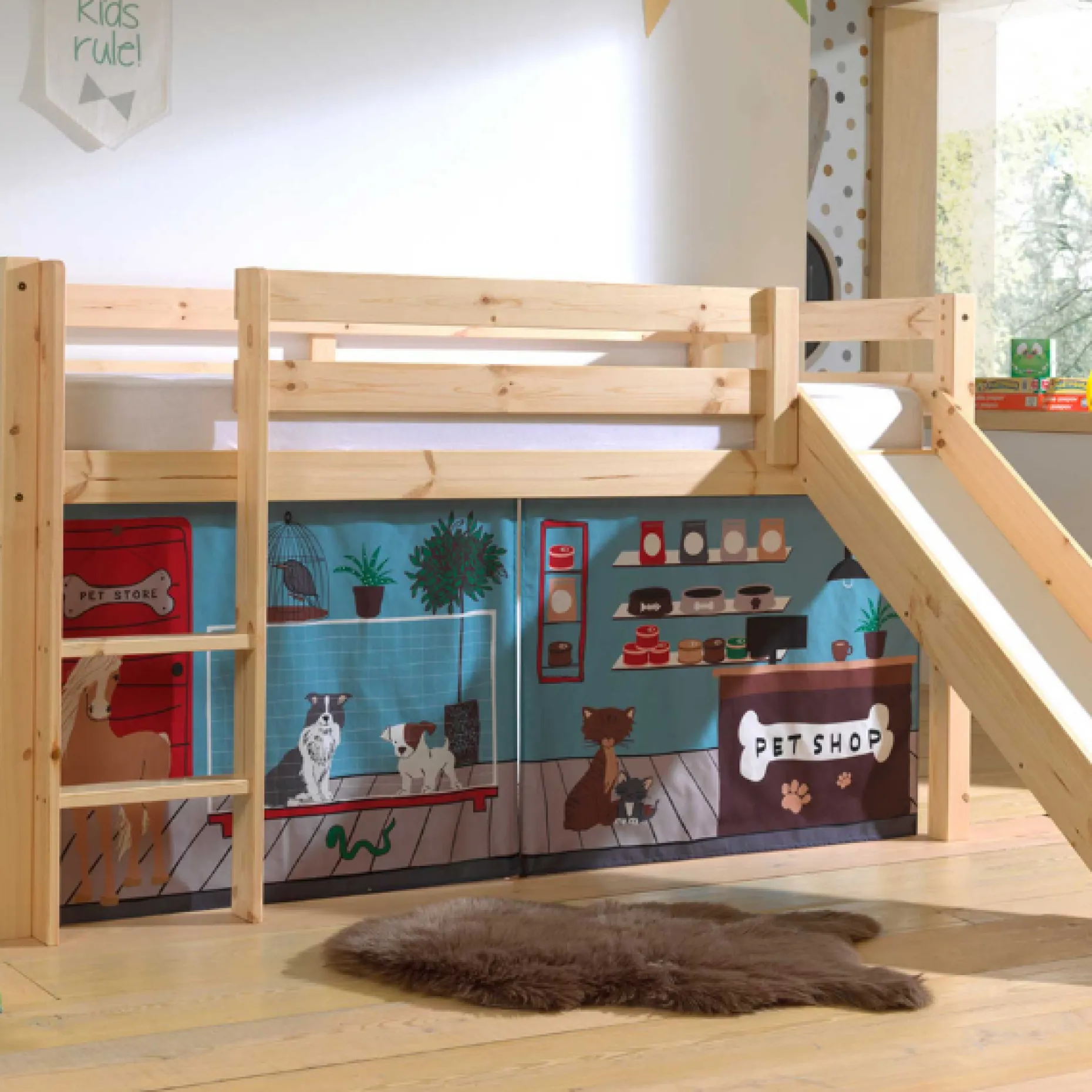 Halbhochbett mit Rutsche Astrid mit Schlafzelt Pet Shop - Kieferholz