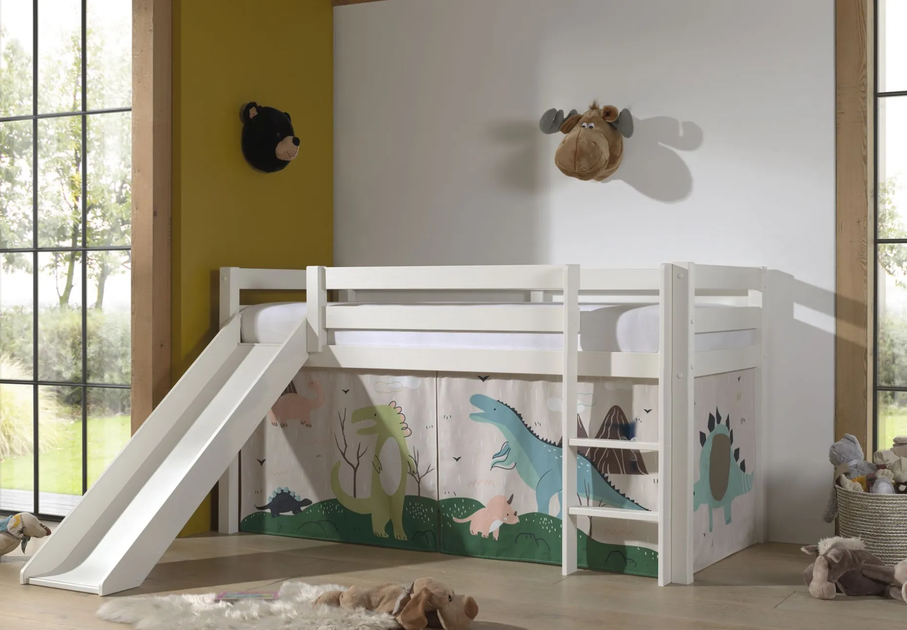 Halbhochbett mit Rutsche Astrid mit Schlafzelt Dino - weiß