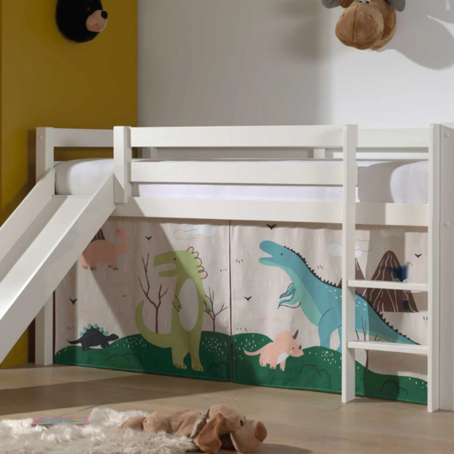 Halbhochbett mit Rutsche Astrid mit Schlafzelt Dino - weiß