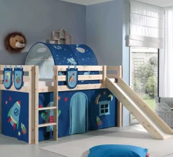Halbhochbett mit Rutsche Astrid mit Schlafzelt, Tunnel und Stautaschen Astro - Kiefer