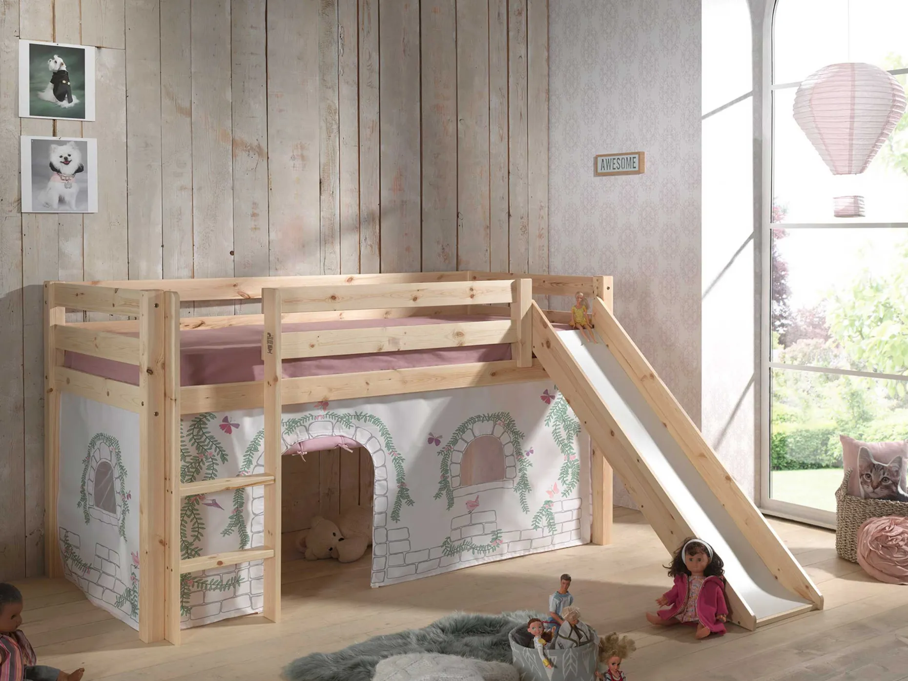Halbhochbett mit Rutsche Astrid mit Schlafzelt Birdy - Kieferholz