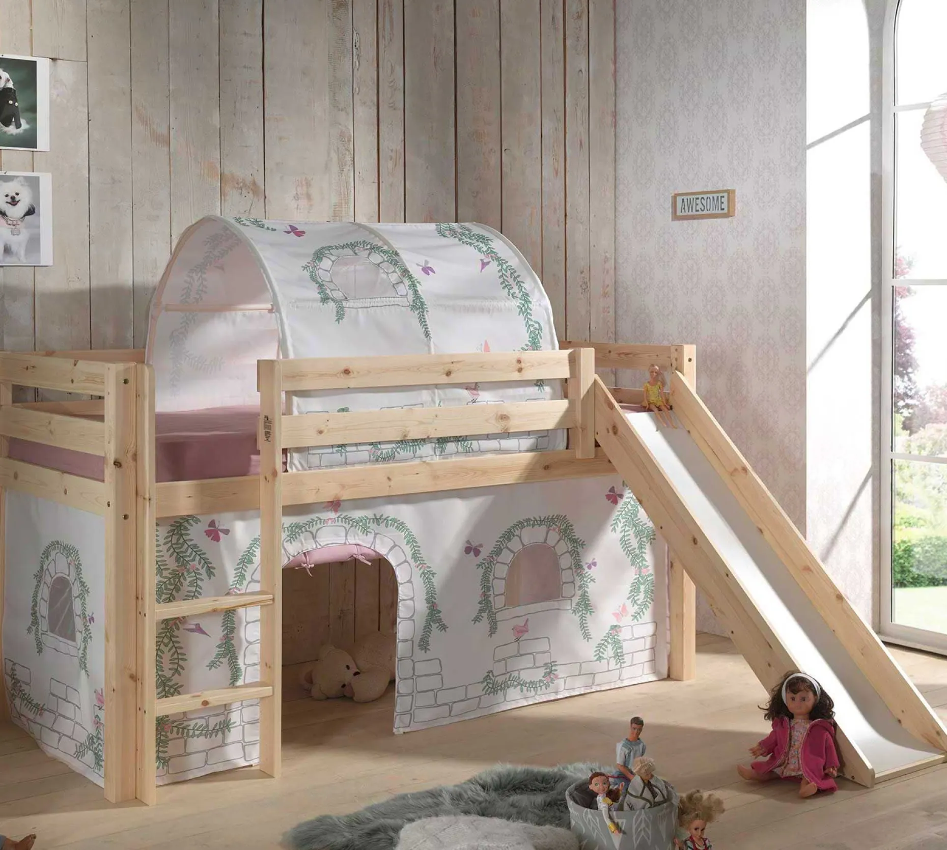 Halbhochbett mit Rutsche Astrid mit Schlafzelt und Betttunnel Birdy - Kieferholz