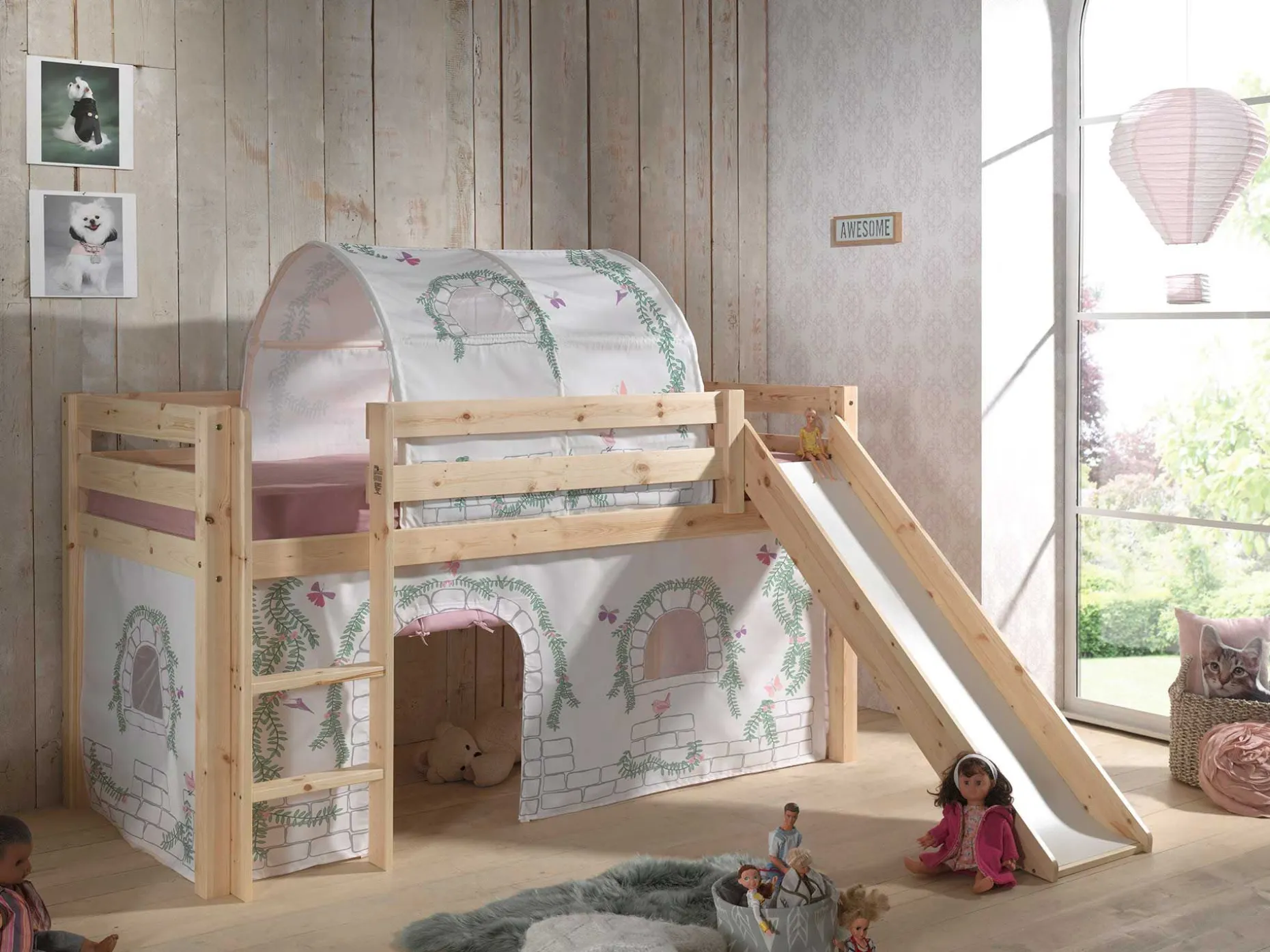 Halbhochbett mit Rutsche Astrid mit Schlafzelt und Betttunnel Birdy - Kieferholz