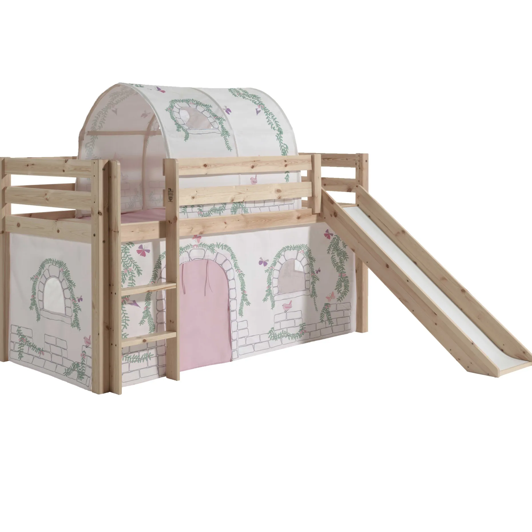 Halbhochbett mit Rutsche Astrid mit Schlafzelt und Betttunnel Birdy - Kieferholz