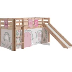 Halbhochbett mit Rutsche Astrid mit Schlafzelt und Stautaschen Birdy - Kieferholz
