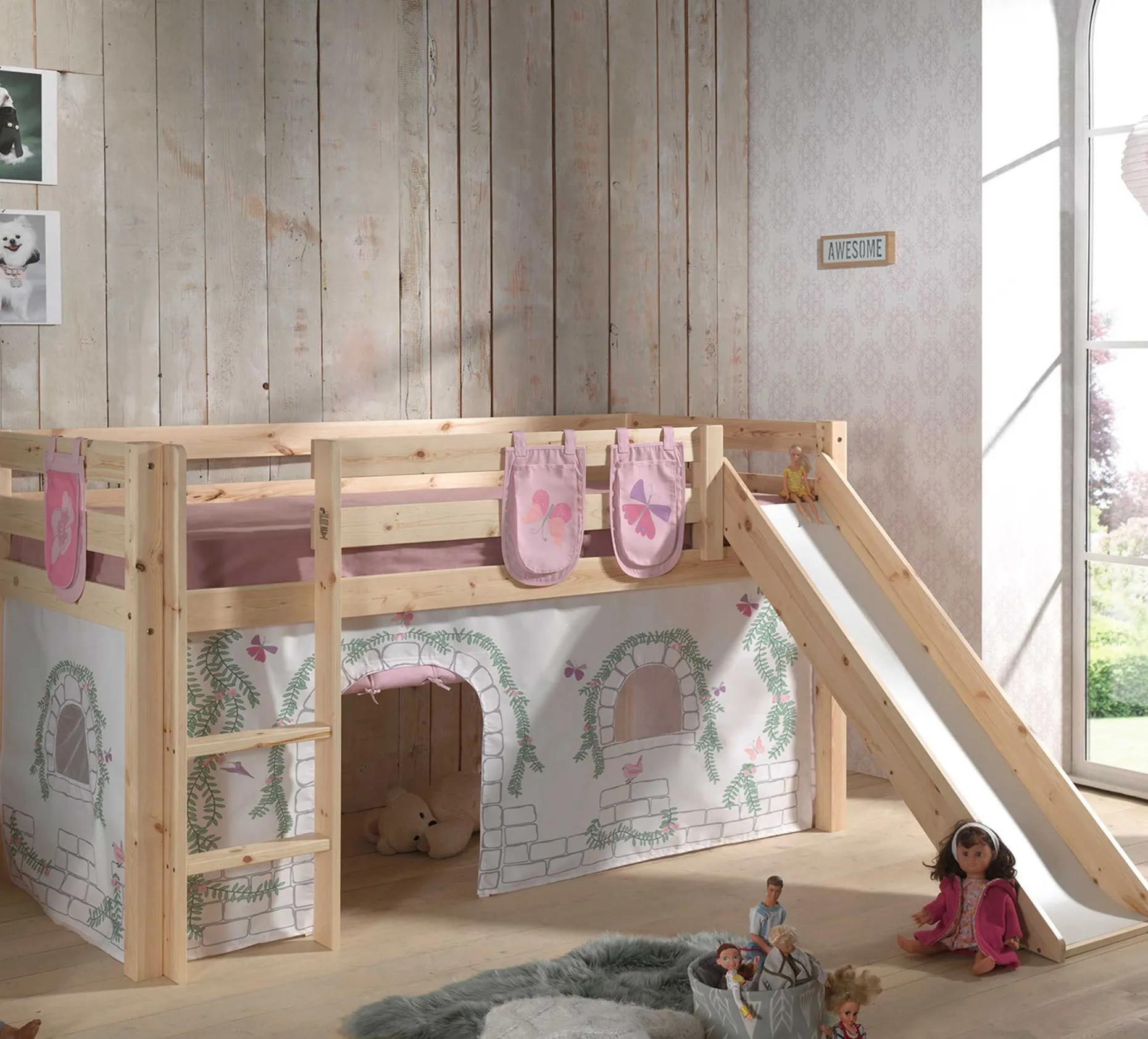 Halbhochbett mit Rutsche Astrid mit Schlafzelt und Stautaschen Birdy - Kieferholz