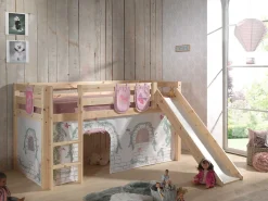 Halbhochbett mit Rutsche Astrid mit Schlafzelt und Stautaschen Birdy - Kieferholz