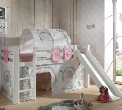 Halbhochbett mit Rutsche Astrid mit Schlafzelt, Tunnel und Aufbewahrungstaschen Birdy - weiß