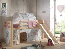 Halbhochbett mit Rutsche Astrid mit Schlafzelt, Tunnel und Aufbewahrungstaschen Birdy - Kieferholz