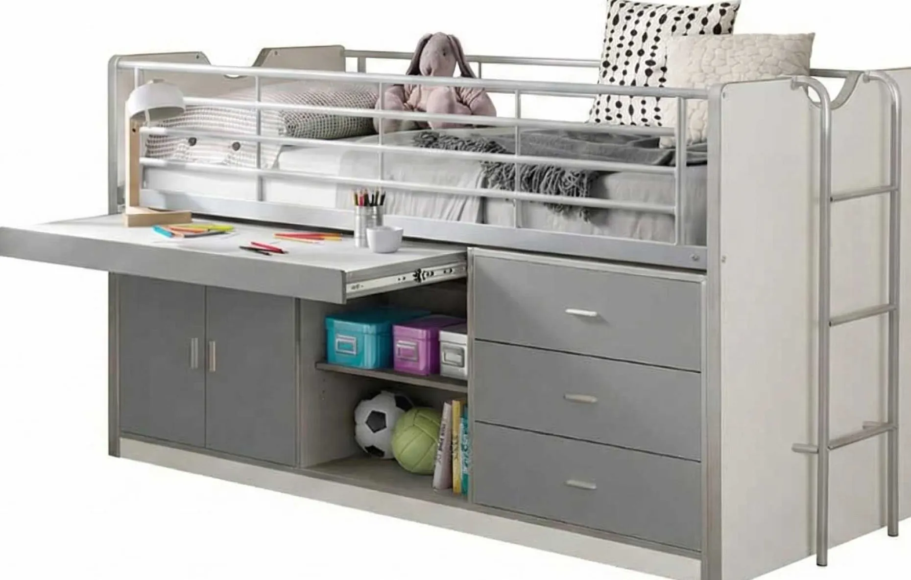 Halbhochbett mit Schreibtisch Bonny 95 - silber