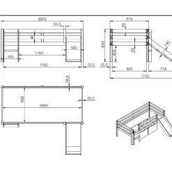 Halbhochbett Pip 90x200 cm mit Rutsche und 1 Wandregal-weiß