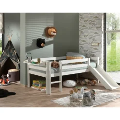 Halbhochbett Pip 90x200 cm mit Rutsche und 1 Wandregal-weiß