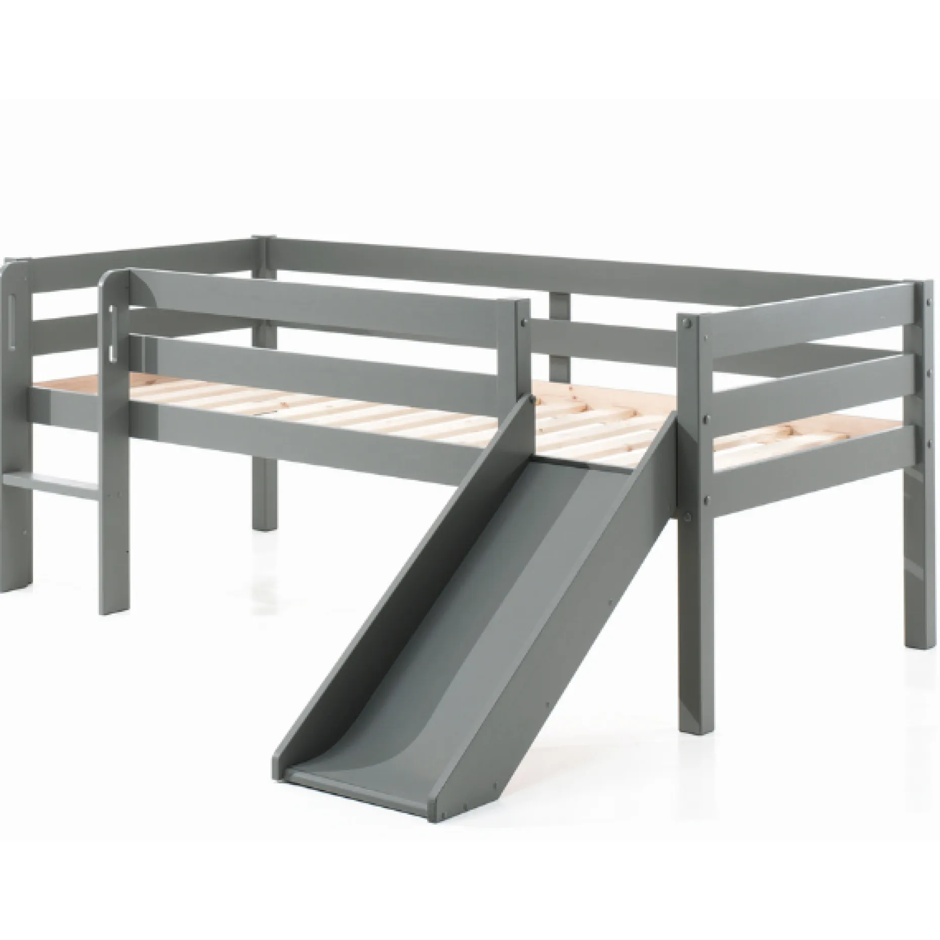 Halbhochbett Pip 90x200 cm mit Schieber und 1 Wandregal-grau