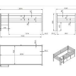 Halbhochbett Pip 90x200 cm mit 3 Schubladen und 1 Wandregal-grau