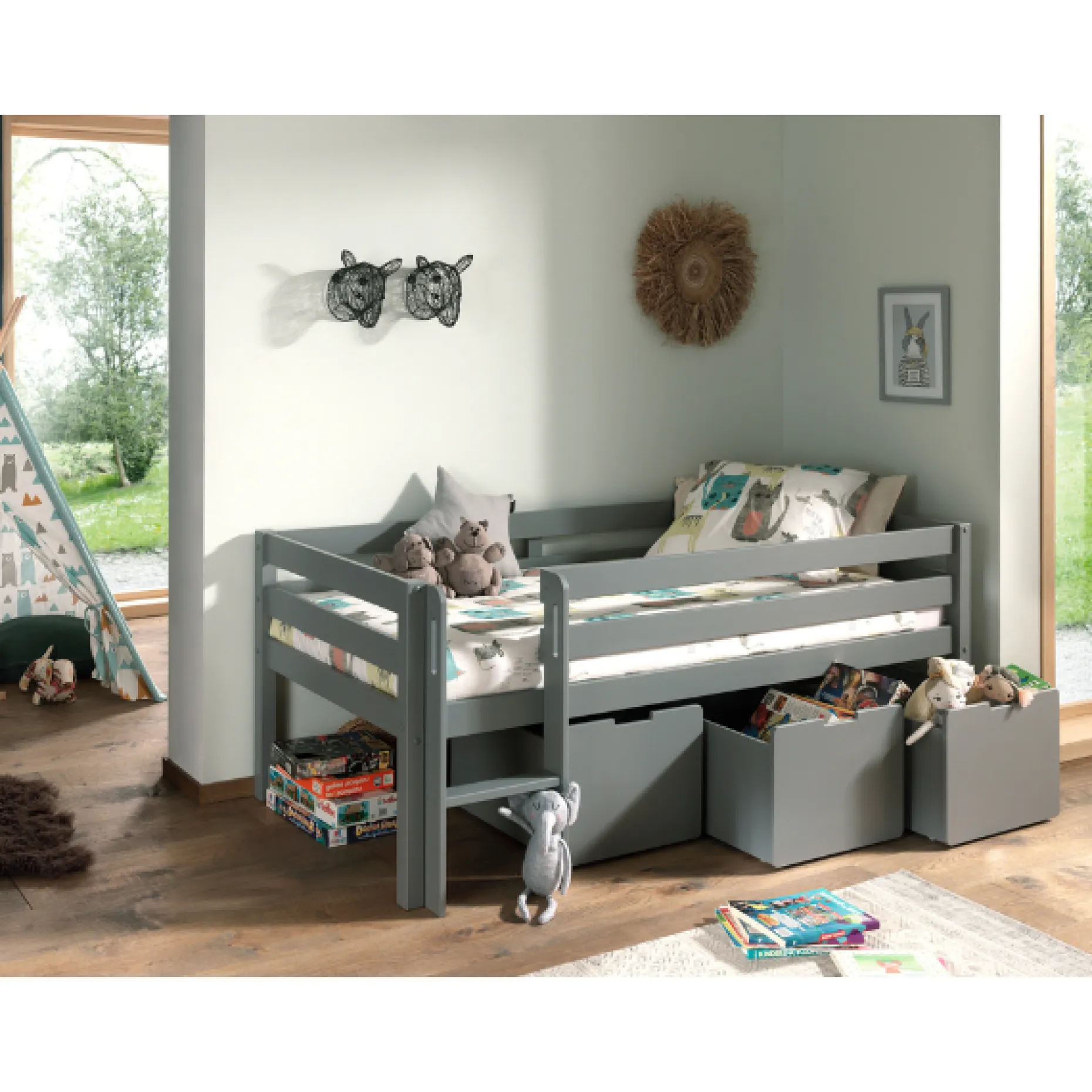 Halbhochbett Pip 90x200 cm mit 3 Schubladen und 1 Wandregal-grau