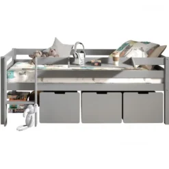 Halbhochbett Pip 90x200 cm mit 3 Schubladen und 1 Wandregal-grau