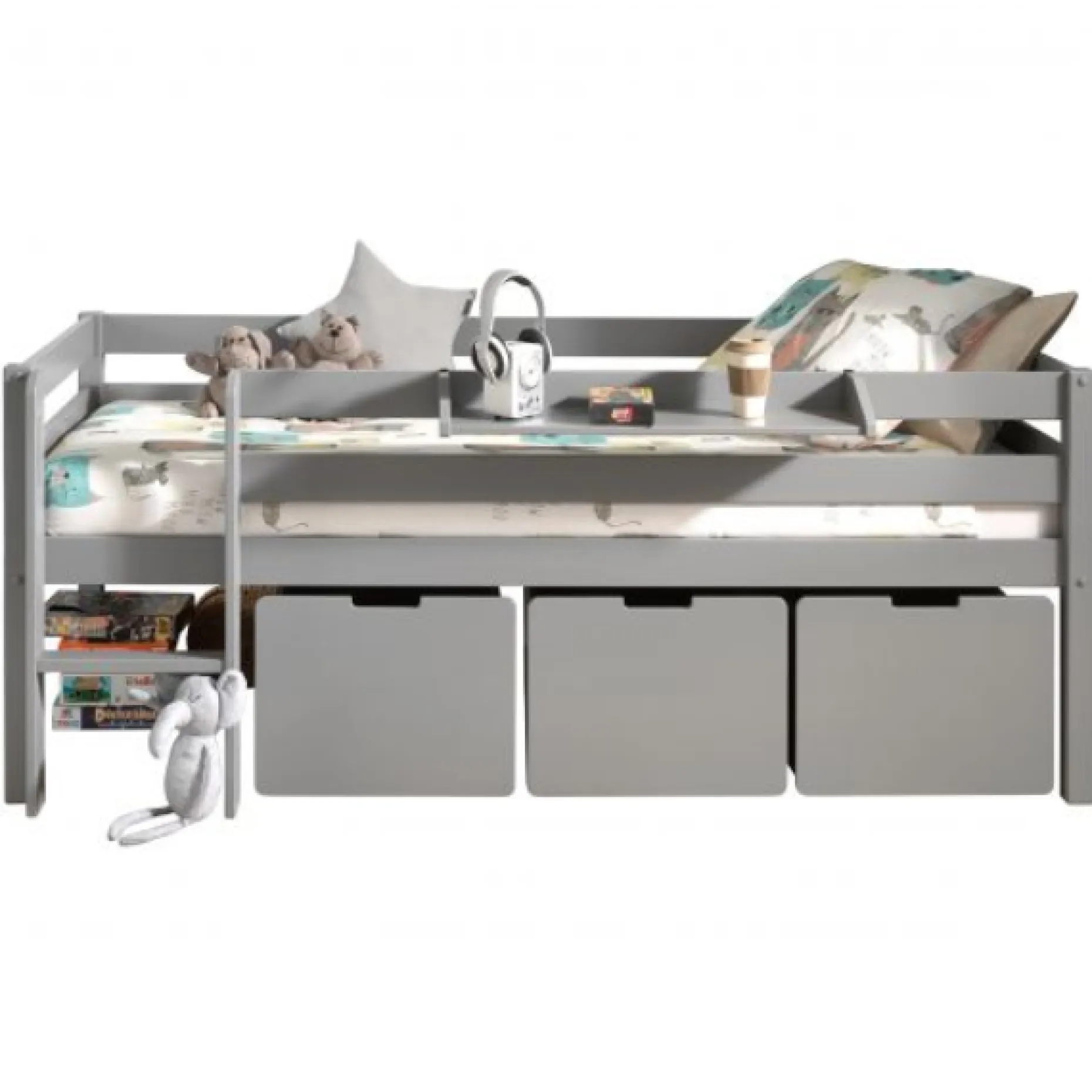 Halbhochbett Pip 90x200 cm mit 3 Schubladen und 1 Wandregal-grau