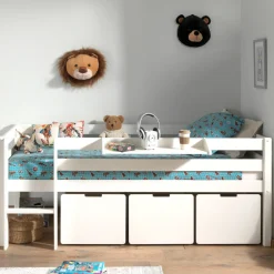 Halbhochbett Pip 90x200 cm mit 3 Schubladen und 1 Wandregal-weiß