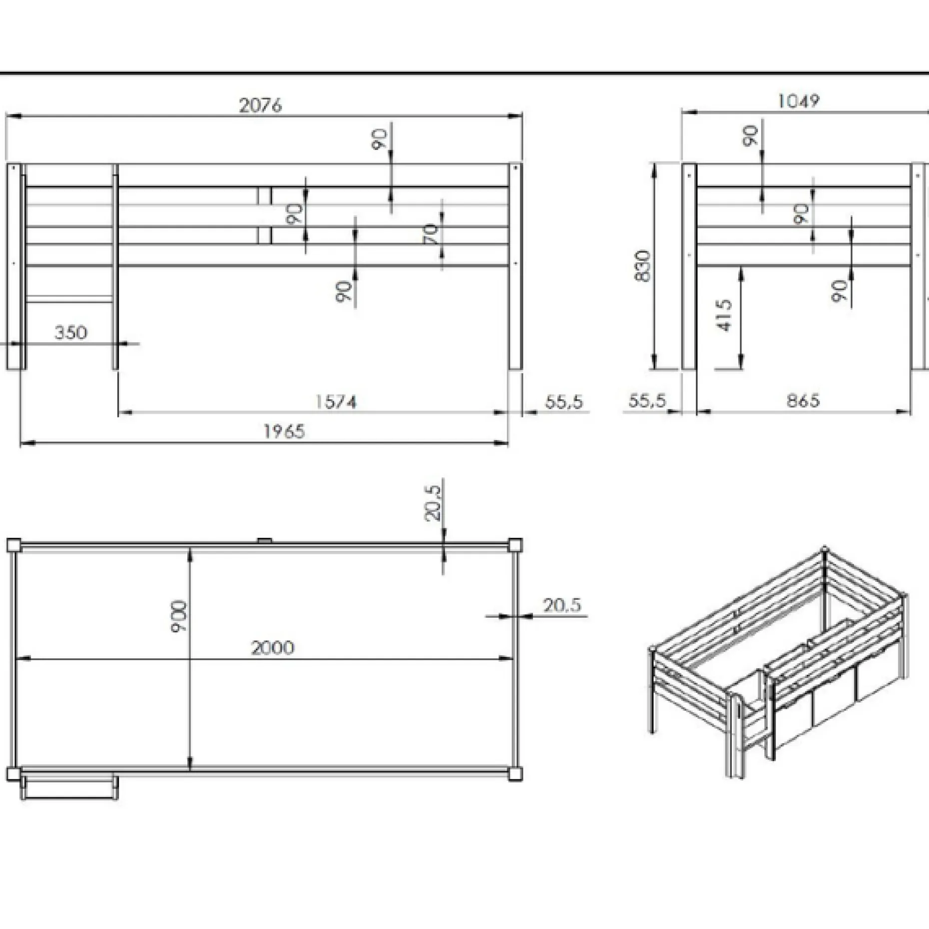 Halbhochbett Pip 90x200 cm mit 3 Schubladen und 1 Wandregal-weiß