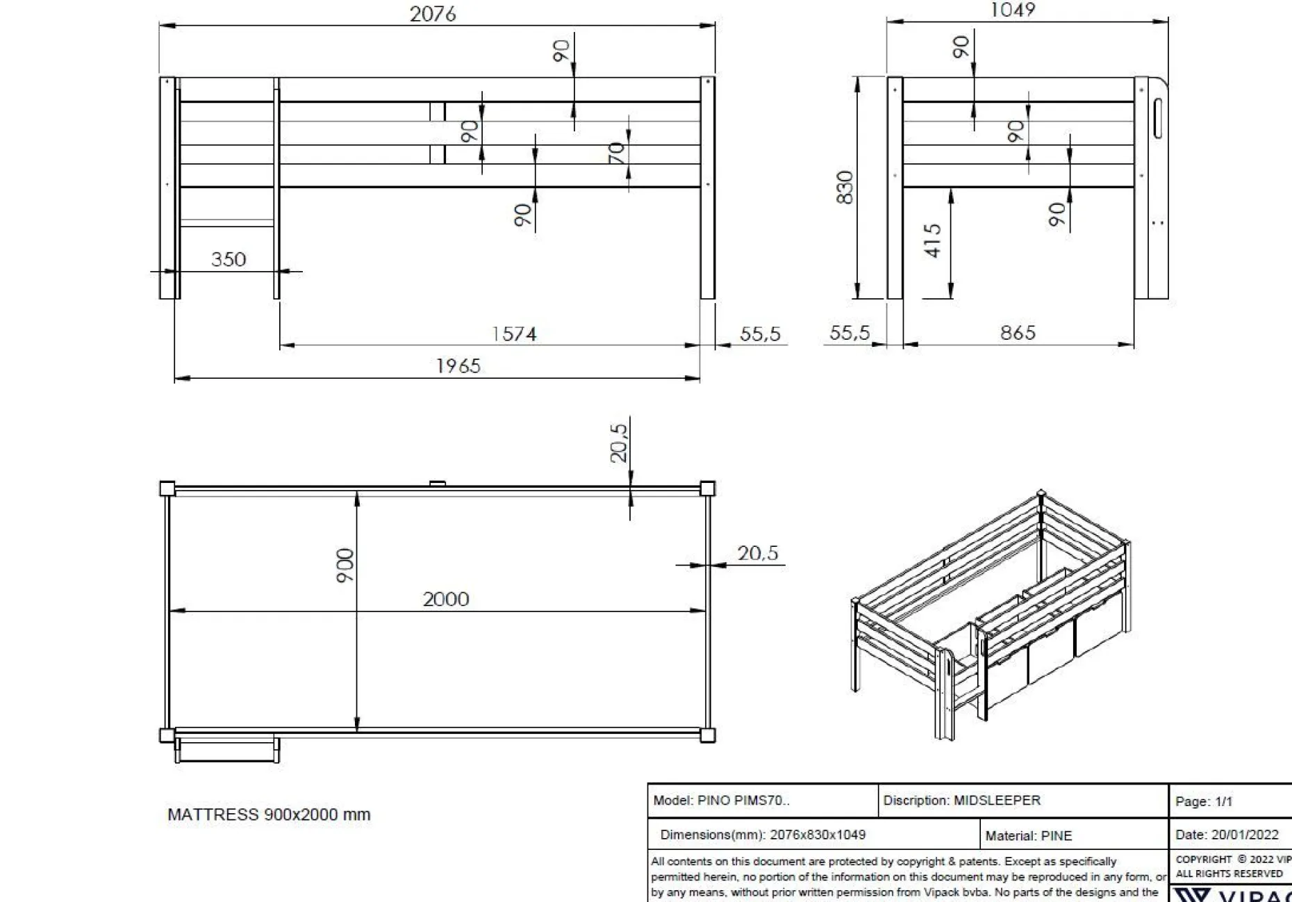Halbhochbett Pip 90 x 200 Kiefer - weiß
