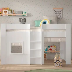 Halbhochbett Reno mit Spielhaus und Vorhängen - 206x128x120 cm - Weiß