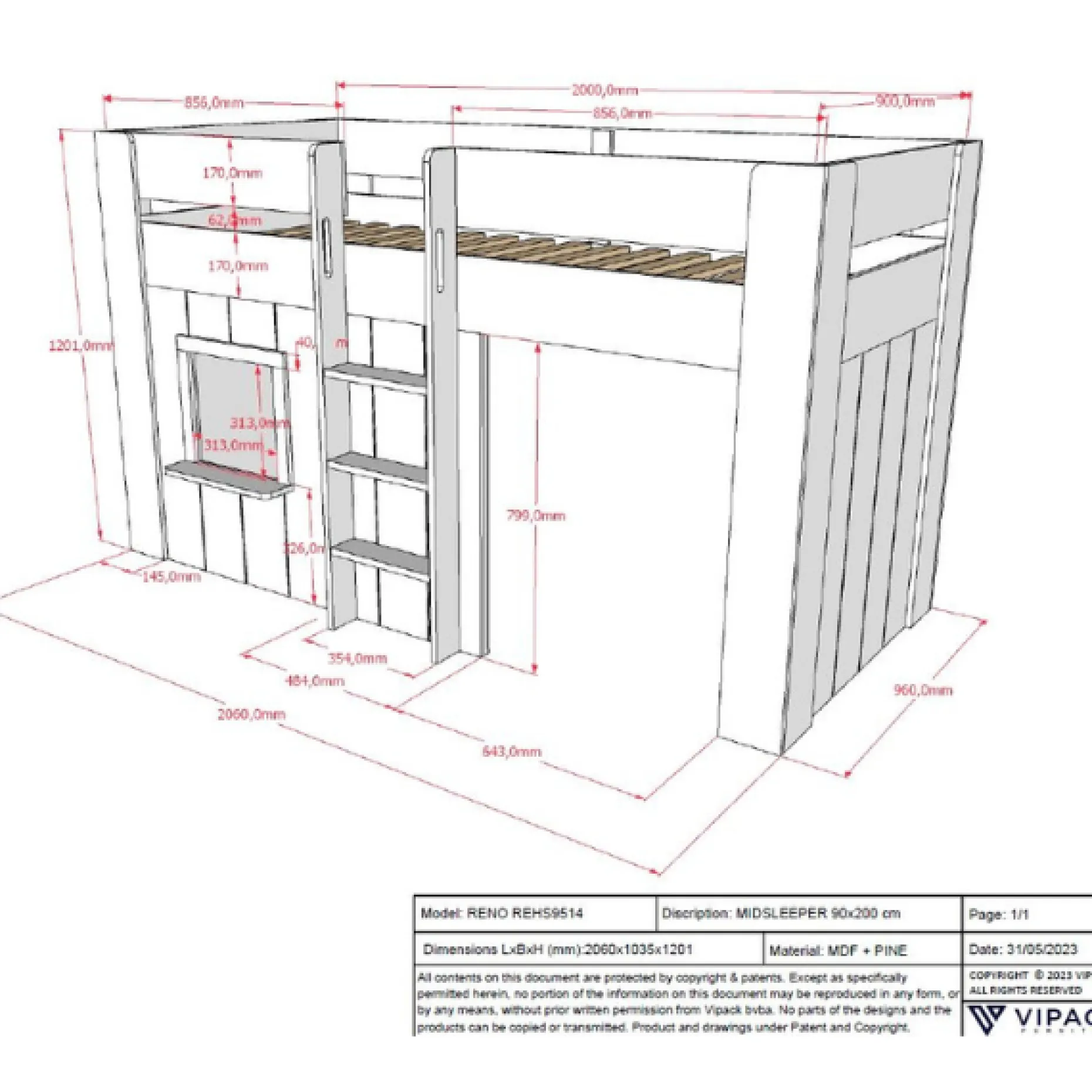 Halbhochbett Reno mit Spielhaus und Vorhängen - 206x128x120 cm - Weiß