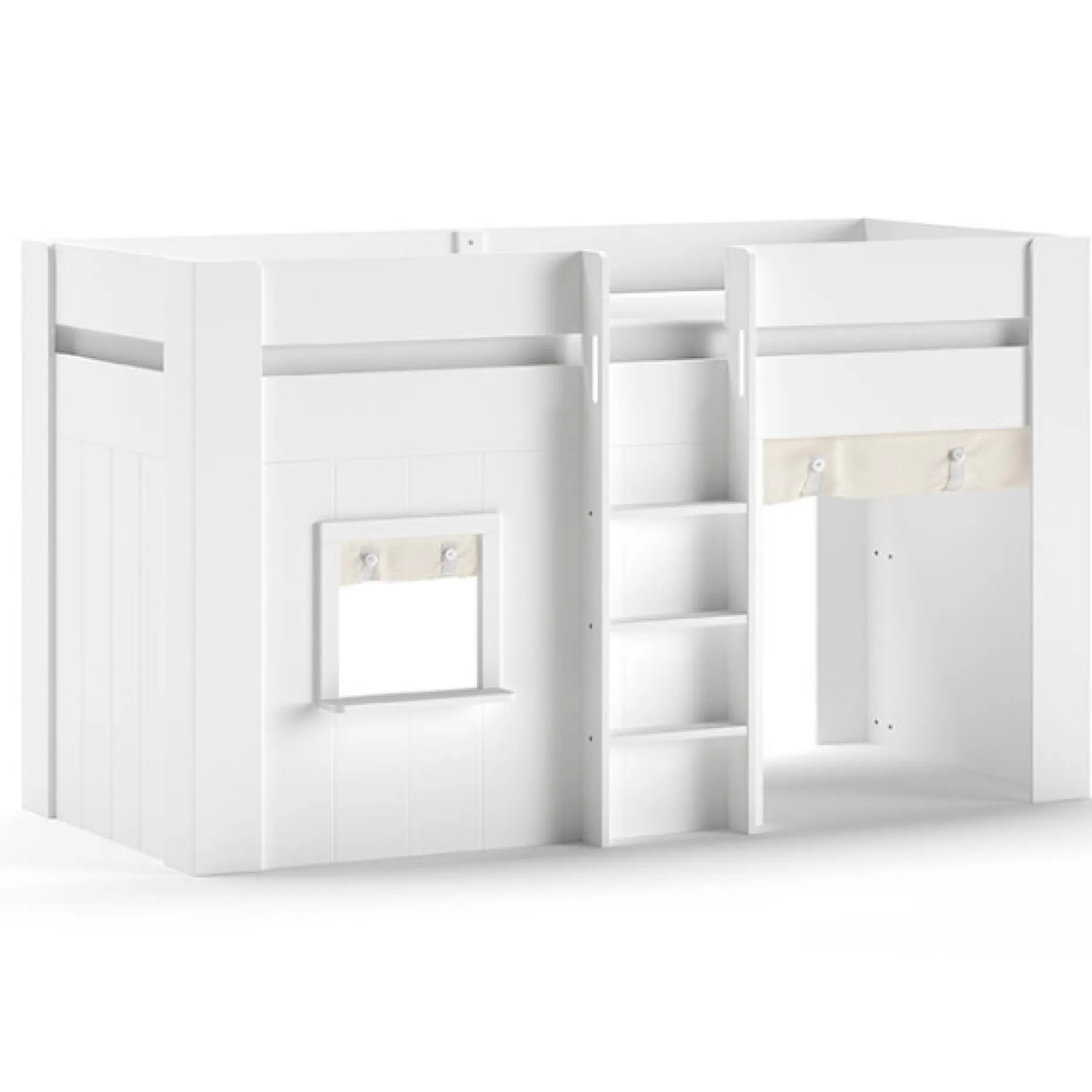 Halbhochbett Reno mit Spielhaus und Vorhängen - 206x128x120 cm - Weiß