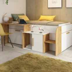 Halbhochbett Sacha mit Schreibtisch - 206x135x90 cm - Weiß/Eiche