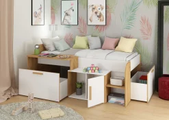 Halbhochbett Sacha mit Schreibtisch - 206x135x90 cm - Weiß/Eiche