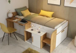 Halbhochbett Sacha mit Schreibtisch - 206x135x90 cm - Weiß/Eiche