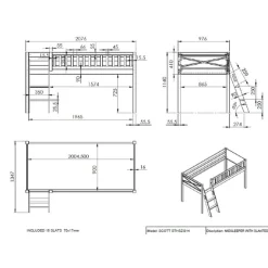 Halbhochbett Scottie 90x200 cm mit Federspielvorhang und Betttunnel-weiß