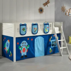 Halbhochbett Scottie 90x200 cm mit Astronauten-Spielvorhang und 3 Aufbewahrungstaschen-weiß