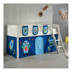 Halbhochbett Scottie 90x200 cm mit Astronauten-Spielvorhang und 3 Aufbewahrungstaschen-weiß