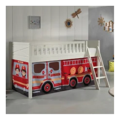 Halbhochbett Scottie 90x200 cm mit Feuerwehrauto Spielvorhang-weiß