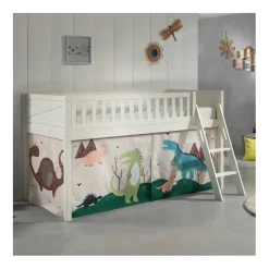 Halbhochbett Scottie 90x200 cm mit Dino-Spielvorhang-weiß