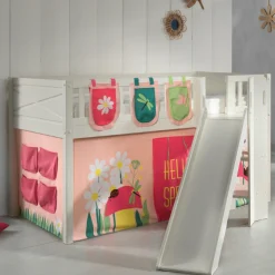 Halbhochbett Scottie 90x200 cm mit Rutsche, Springspielvorhang und 3 Aufbewahrungstaschen-weiß