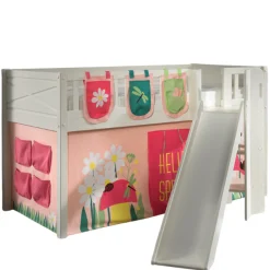 Halbhochbett Scottie 90x200 cm mit Rutsche, Springspielvorhang und 3 Aufbewahrungstaschen-weiß