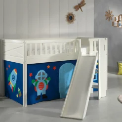Halbhochbett Scottie 90x200 cm mit Rutsche und Astronautenspielvorhang-weiß