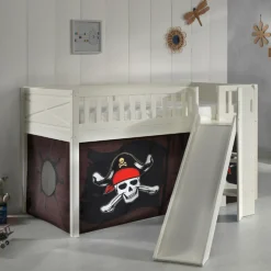 Halbhochbett Scottie 90x200 cm mit Rutsche und Piratenspielvorhang-weiß