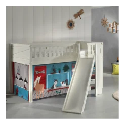 Halbhochbett Scottie 90x200 cm mit Rutsche und Zoogeschäft Spielvorhang-weiß